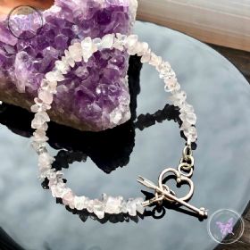 Rose Quartz Chip Bracelet with Silver Heart Toggle Clasp
